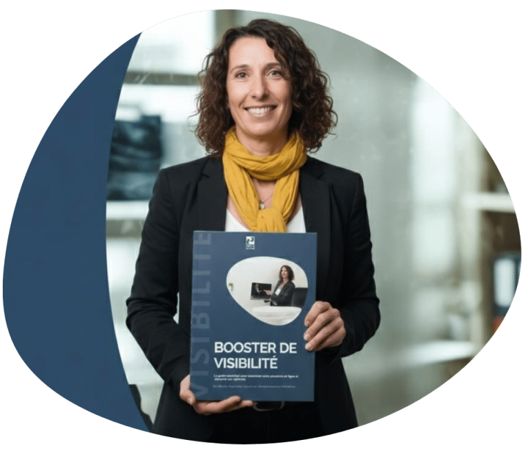 Michèle présentant son guide PDF gratuit 'Booster de visibilité' pour créer un site web professionnel efficace.